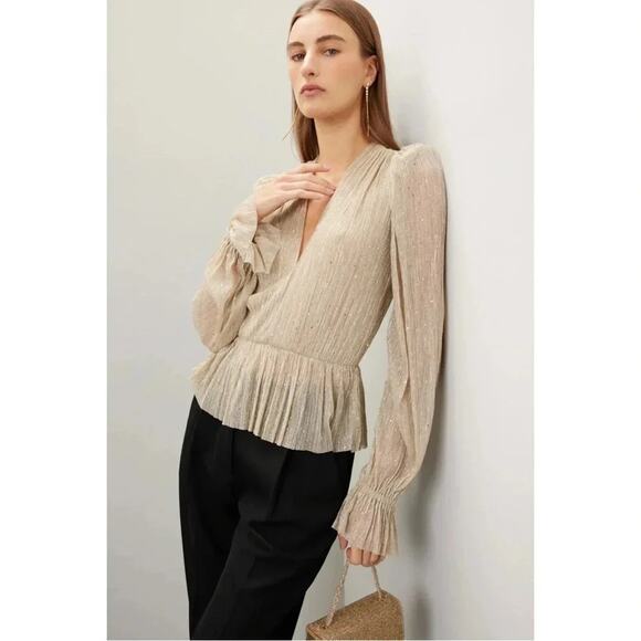 Sabina Musayev Liya Revolve Gold Sparkly Sheer V Neck Blouse Top Size Medium - Picture 4 of 11